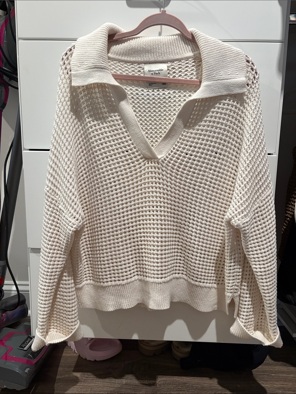 Abercrombie & Fitch Cream Open-Weave V-Neck Polo Sweater